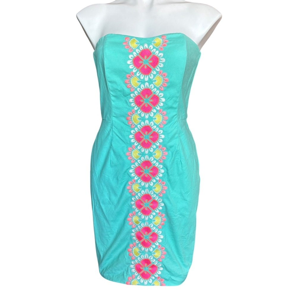 Vineyard Vines Strapless Embroidered Sheath Dress Teal Cotton Size 4